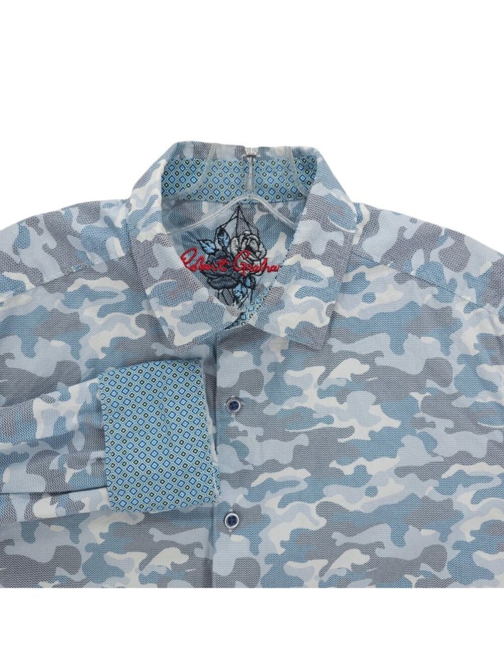 ROBERT GRAHAM Flip Cuff LS Shirt Blue Camo Cotton Stretch Classic Fit LARGE